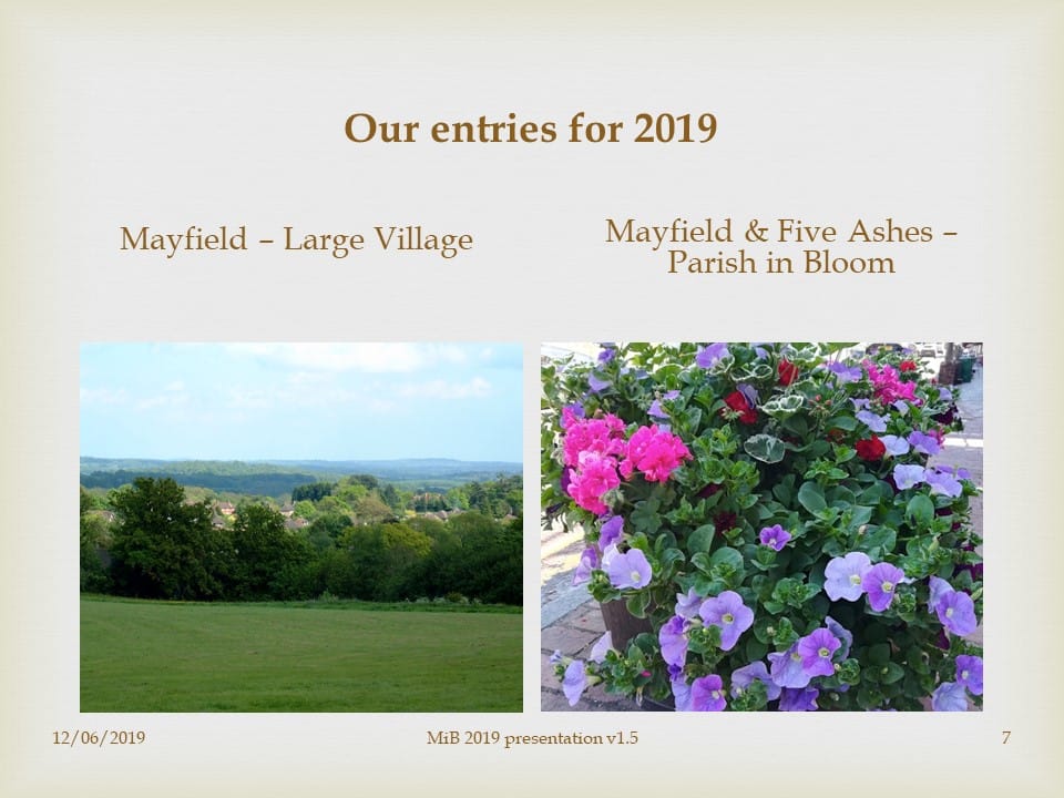 Slide describing Mayfield entering the Large Village category and Five Ashes the Parish in Bloom category