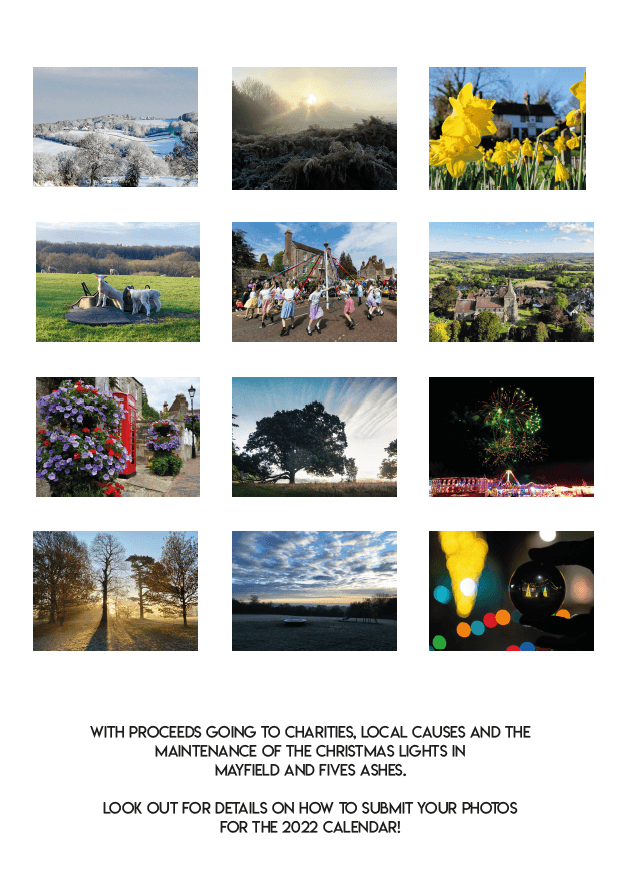 Thumbnails of the monthly pictures in the Mayfield and Five Ashes 2021 calendar